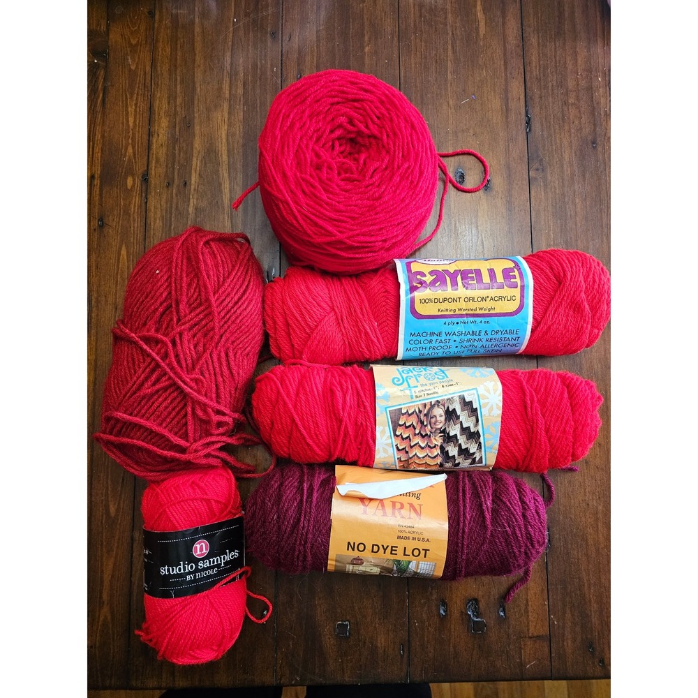 Vintage Red Burgundy Yarn Bundle Sayelle Pioneer‎ Acrylic Worsted 6 Skeins Lot